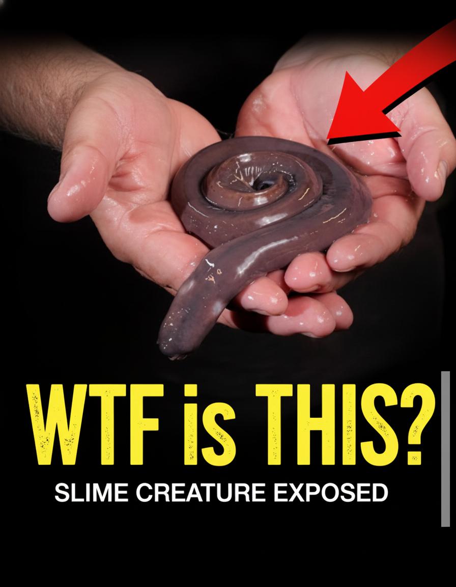 A long pink hagfish swimming in deep blue water releasing a thick cloud of white slime.