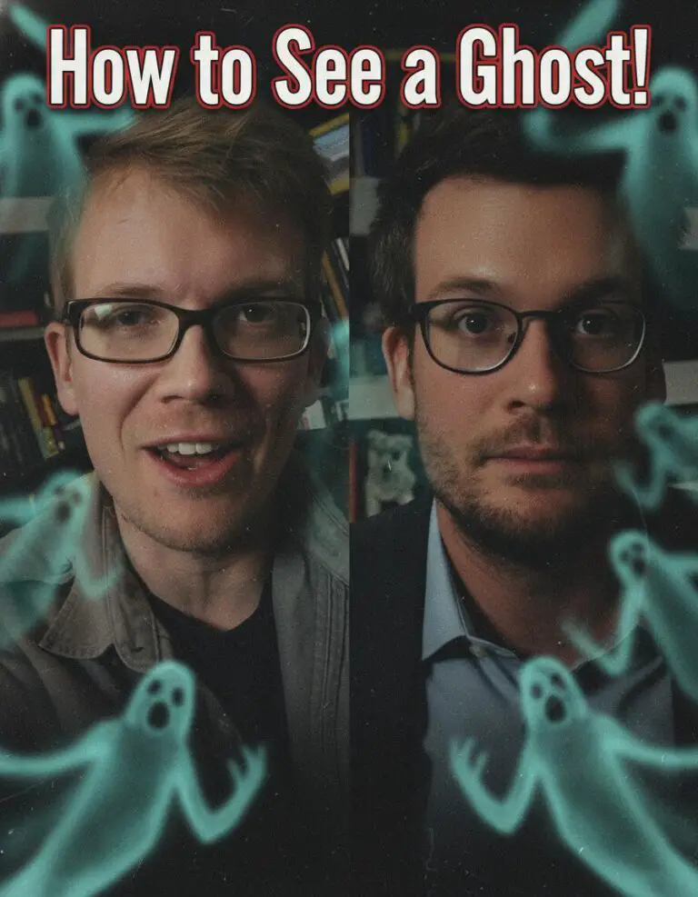 Tom Scott standing in front of a screen demonstrating the Flashed Face Distortion Effect with split images.